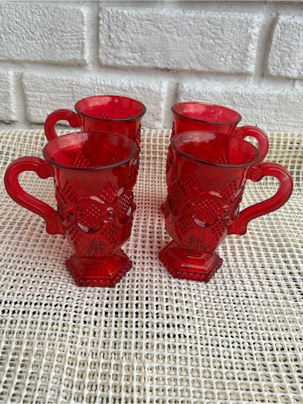 Vintage Avon Cape Cod Ruby Red 5” Glass 4Pc Red Pressed Glass Coffee Mugs